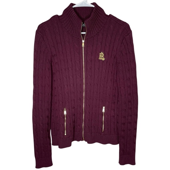 Lauren Ralph Lauren Black Label Sweater Women’s Size XL Cable Knit Maroon Zip Up - Picture 1 of 11